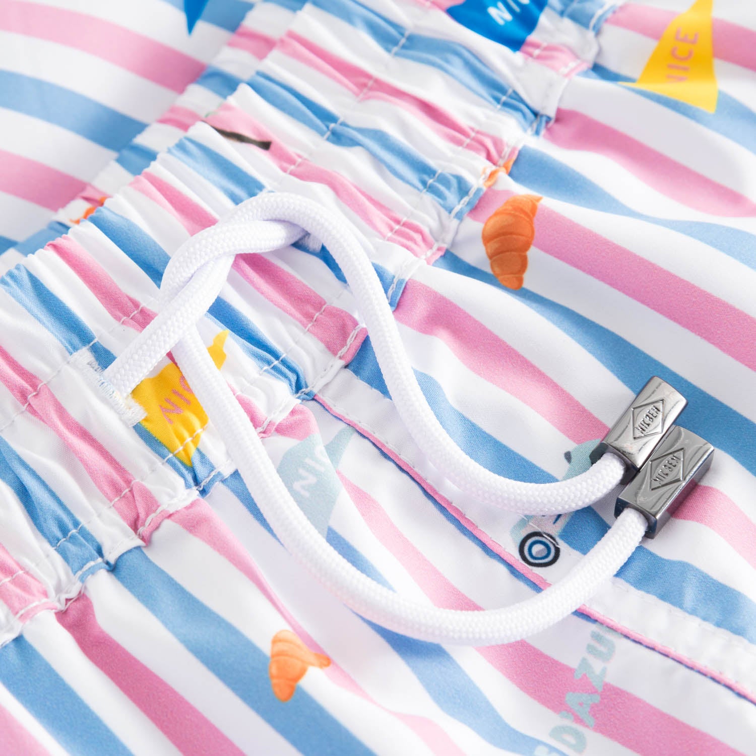 Drawstring waistband on  striped printed swim trunks
