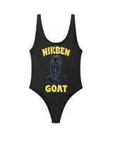 Black one-piece swimsuit with 'NIKBEN GOAT' text and panther graphic.