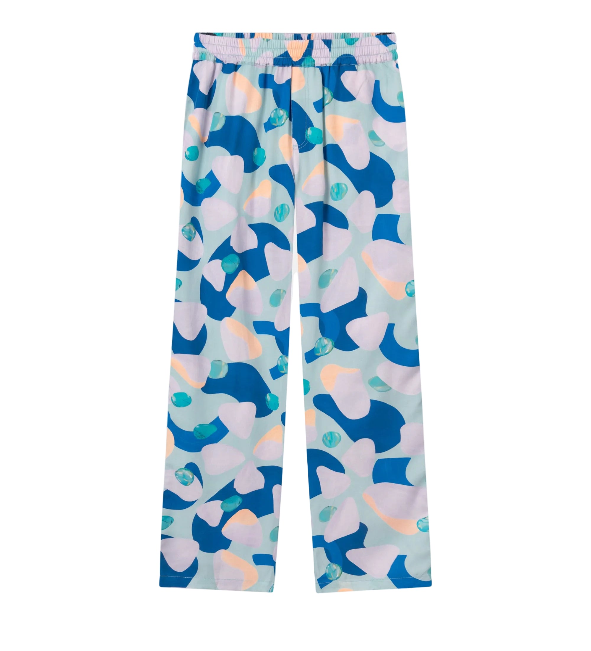 Vacation pants with a multi-colored graphic pattern, two front pockets, and an elastic drawstring.