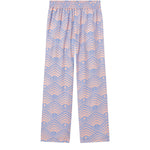 A pair of multicolor geometric patterned pants laid out flat against a white background.