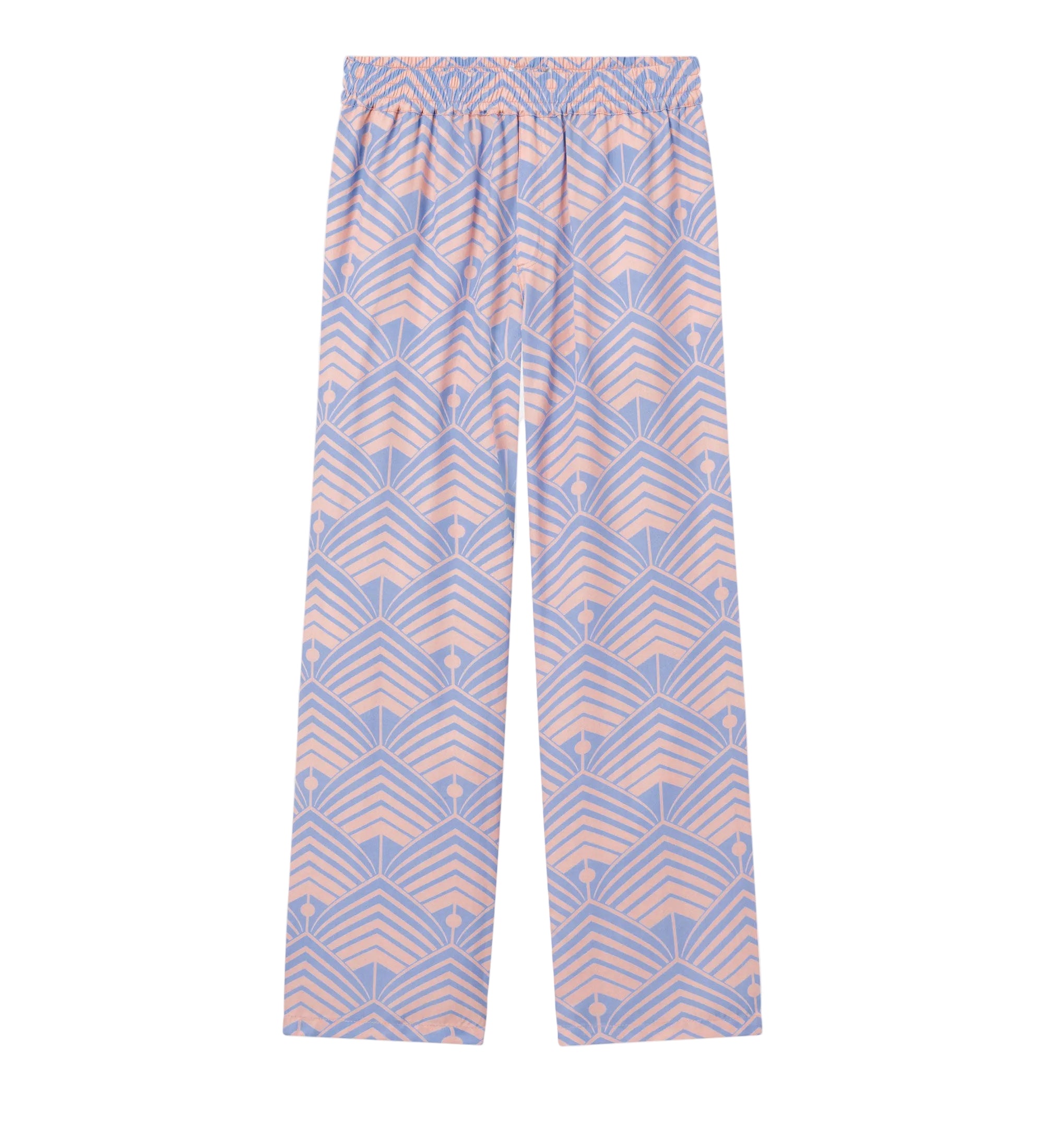 A pair of multicolor geometric patterned pants laid out flat against a white background.