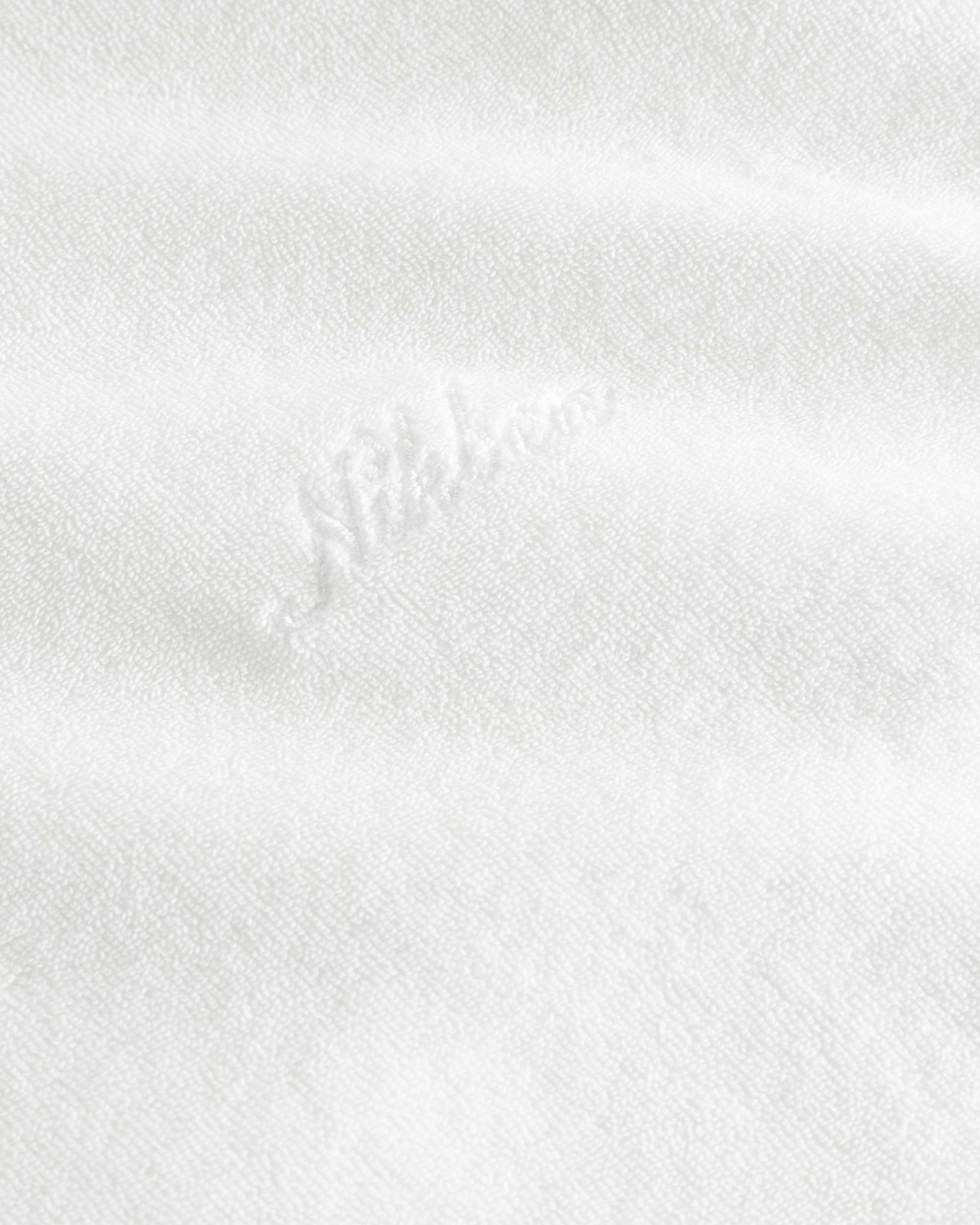 White "nikben" logo on a white hoodie