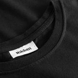 Close-up view of the round neck and stitchings on a black t-shirt