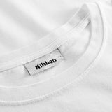 Close-up of round neck and stitching on white T-shirt