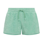 Grey-green low cut shorts in terry toweling fabric with drawstring and two side pockets.