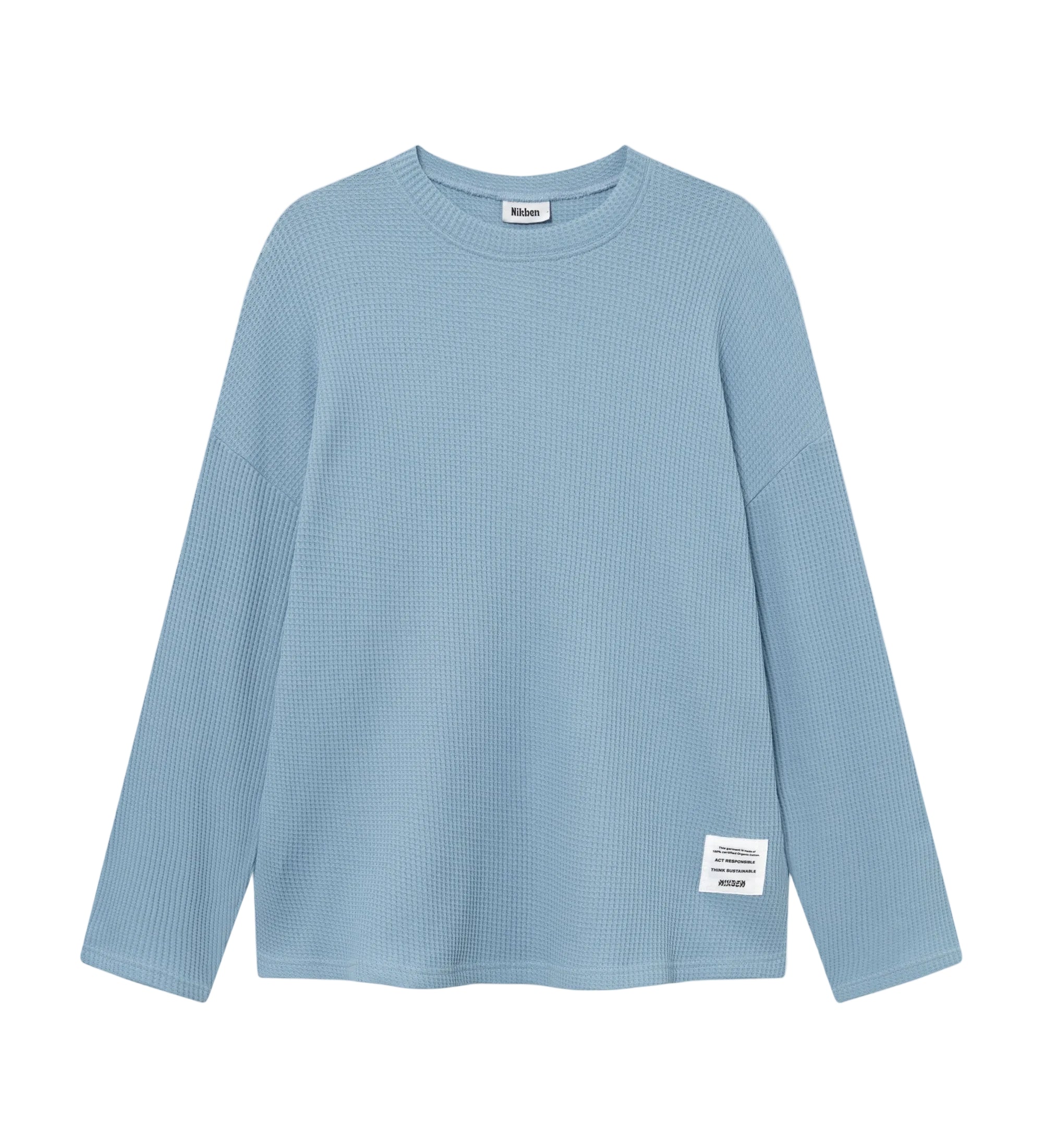 Sky blue waffle-patterned sweatshirt with a stitched-on material label.