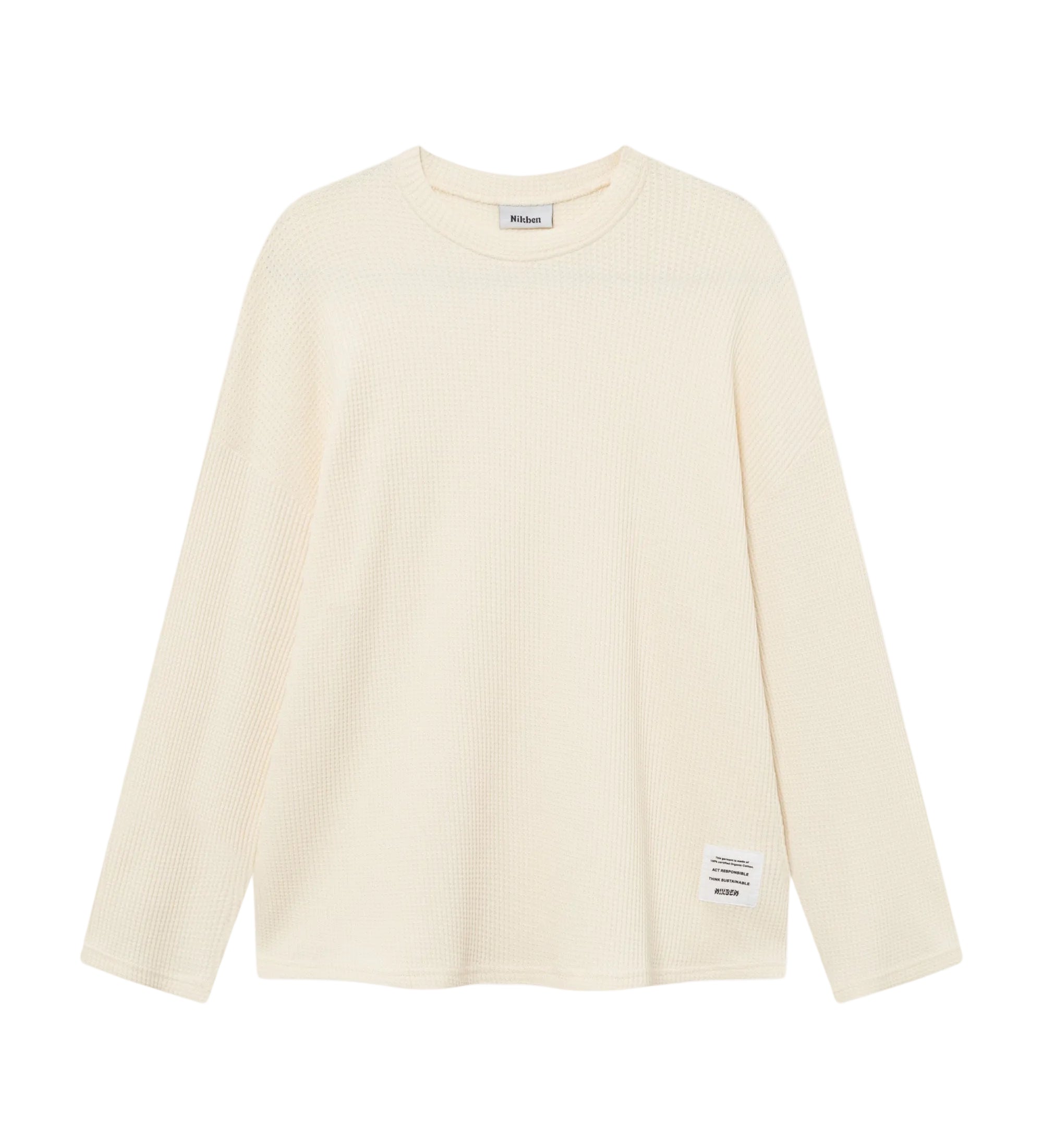 Off-white waffle-patterned sweatshirt with a stitched-on material label.