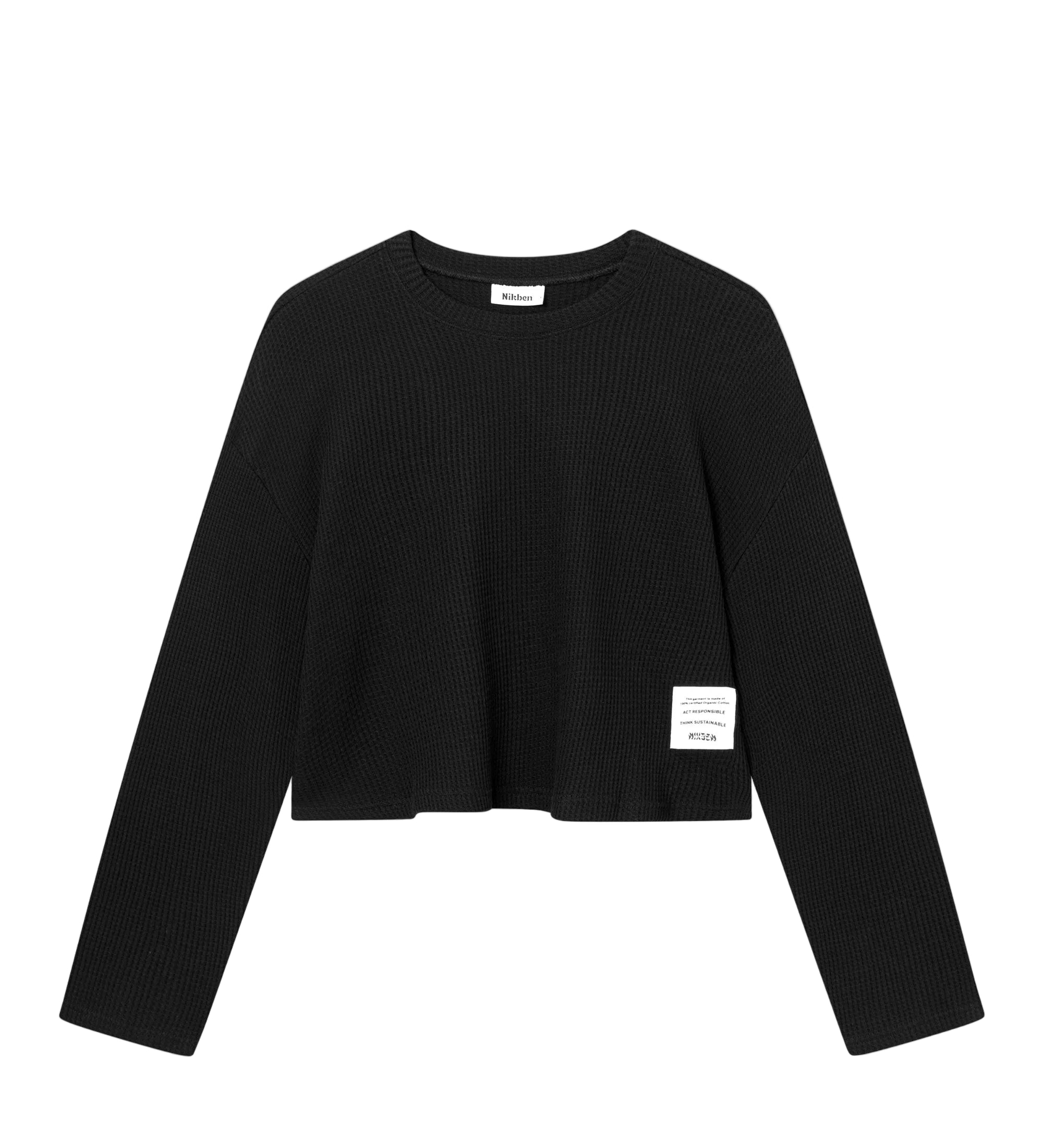 Black waffle-patterned cropped sweatshirt with a stitched-on material label.