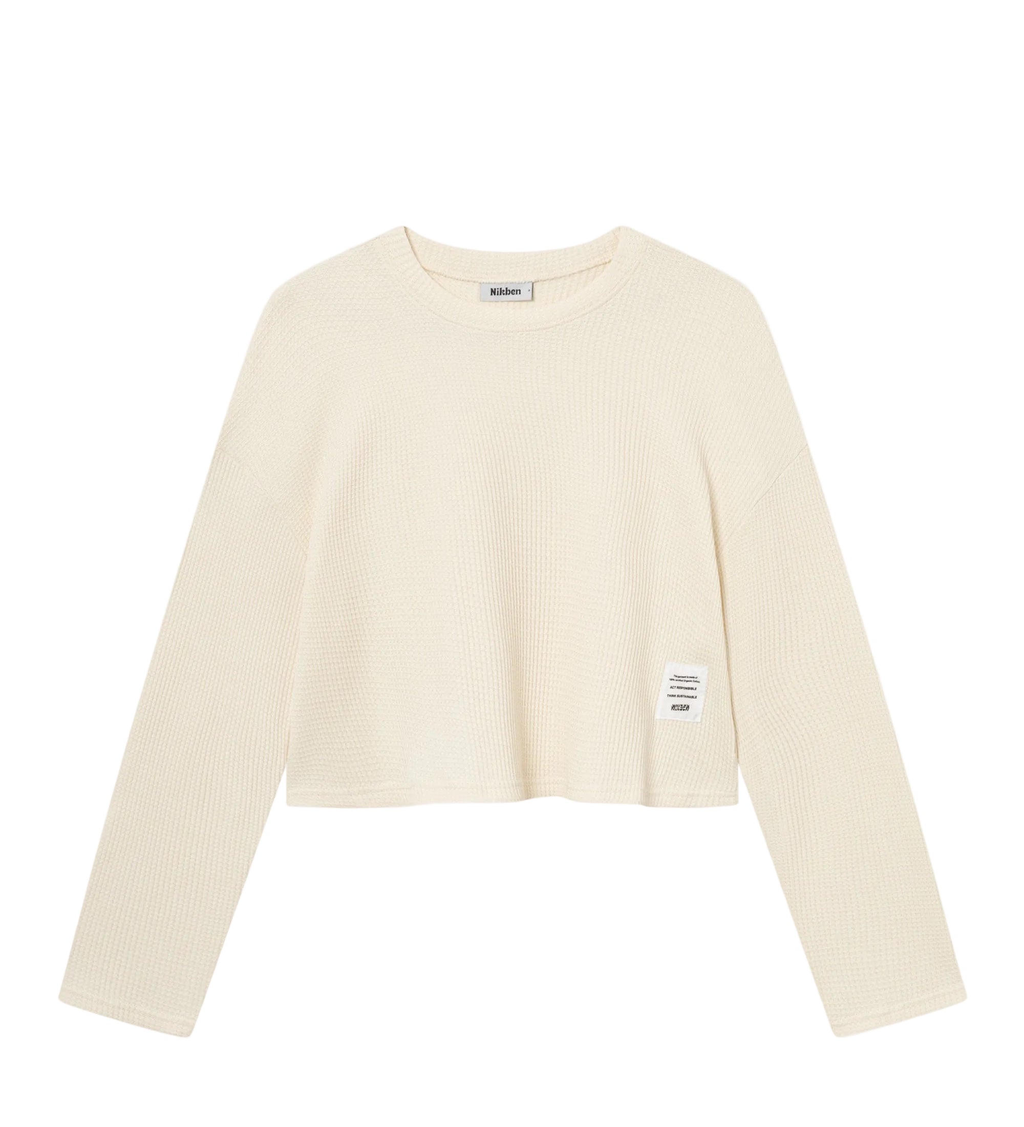 Off-white waffle-patterned cropped sweatshirt with a stitched-on material label.
