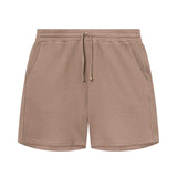 Brown waffle-patterned mid-length shorts with two front pockets and a drawstring.