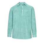 Grey-green long sleeve shirt in terry toweling fabric for kids with half button closure and one chest pocket