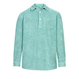 Grey-green long sleeve shirt in terry toweling fabric for kids with half button closure and one chest pocket
